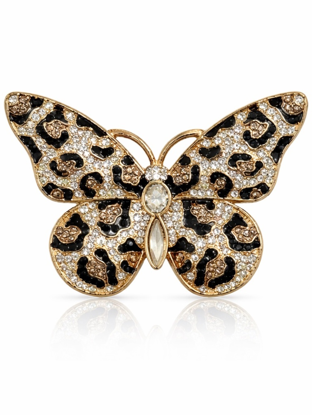 Gold Butterfly Brooch with Black and Clear Crystal Accents